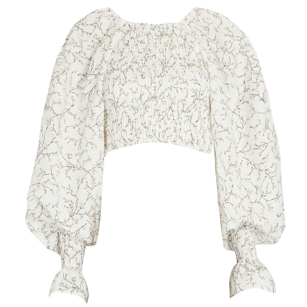 SHONA JOY (NWT) Monique Smocked Shirred Balloon Sleeve Floral Linen Crop Top